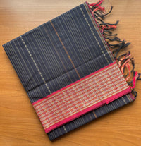 Black Handloom Kanchi Cotton Saree with Stripes & Fish Border