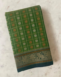 Green Floral Thousand Butta Handloom Kanchi Cotton Saree with Bottle Green Border