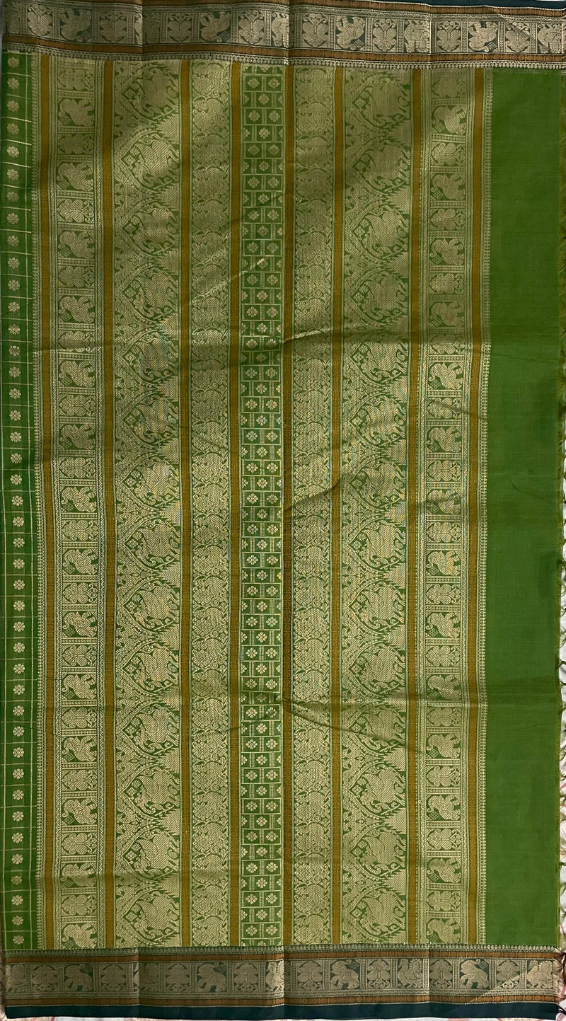 Green Floral Thousand Butta Handloom Kanchi Cotton Saree with Bottle Green Border