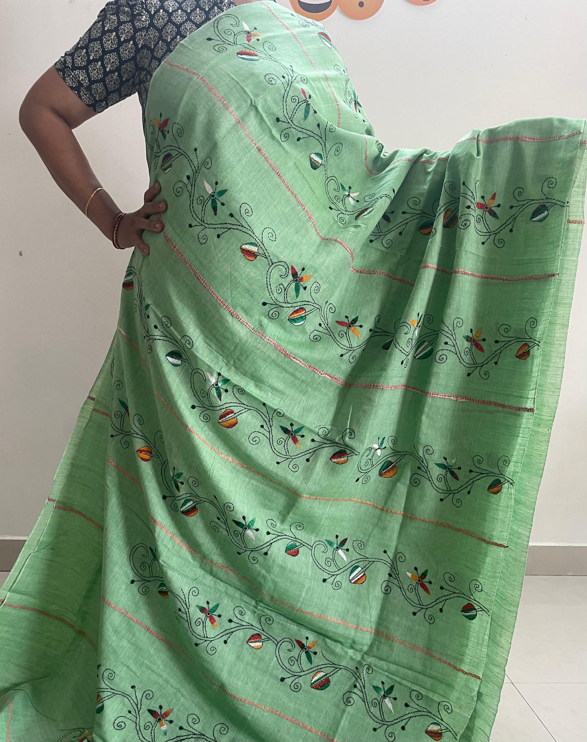 Pista Green Handloom Kesh Kantha Cotton Saree