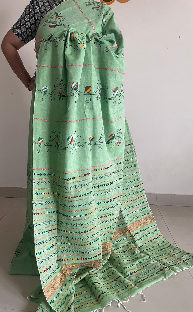 Pista Green Handloom Kesh Kantha Cotton Saree