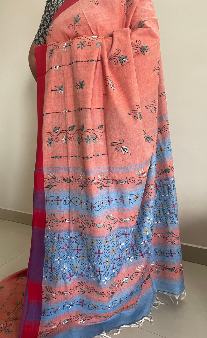 Peach Handloom Kantha Cotton Saree