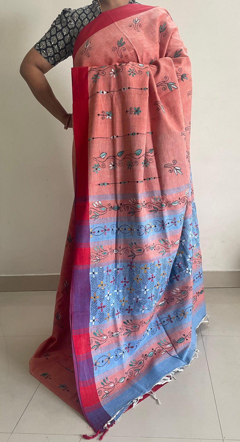 Peach Handloom Kantha Cotton Saree