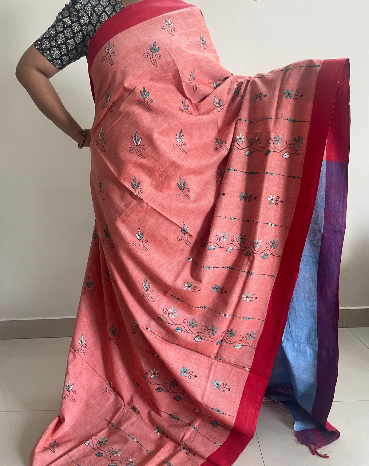 Peach Handloom Kantha Cotton Saree