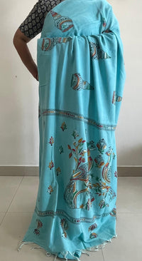 Blue Handloom Kantha Cotton Saree