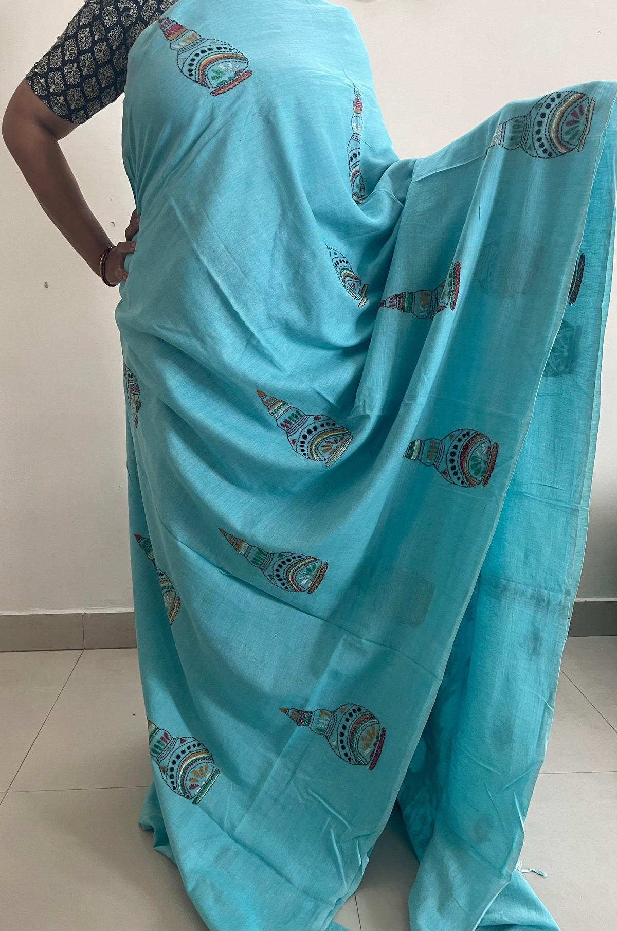 Blue Handloom Kantha Cotton Saree