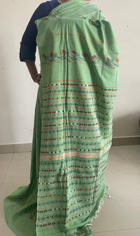 Pista Green Handloom Kesh Kantha Cotton Saree 