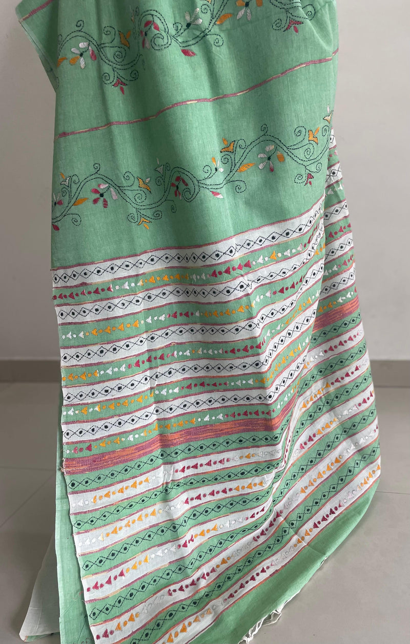 Pista Green Handloom Kesh Kantha Cotton Saree 