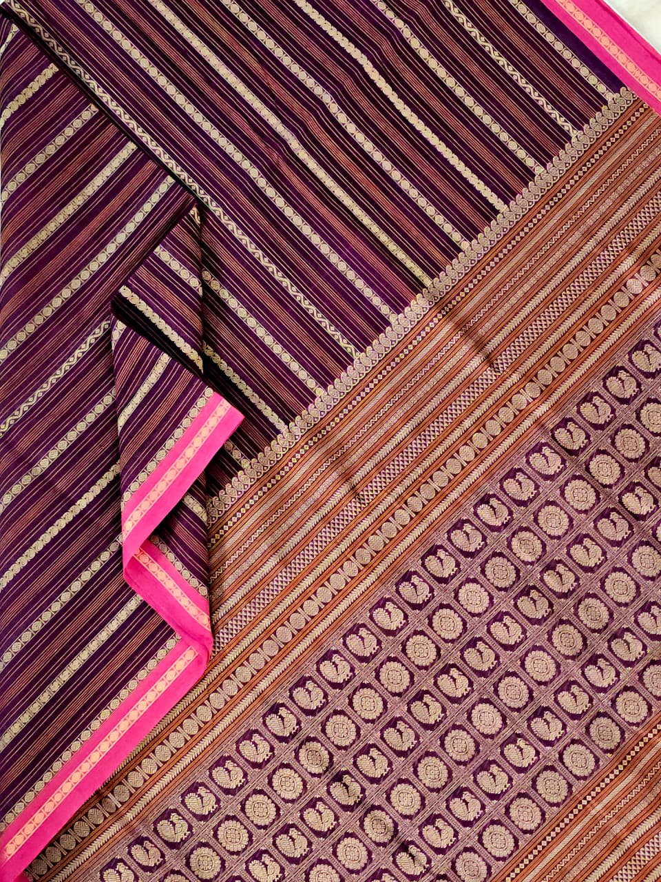 Vainika – Purple Handloom Kanchi Cotton Saree with Horizontal stripes
