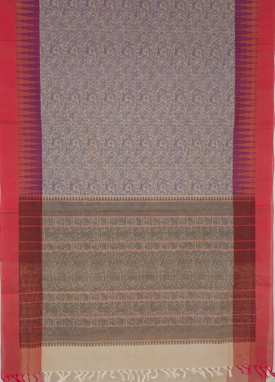 Vanarambhā – Beige Vanasingaram Handloom Kanchi Cotton Saree with Reddish Pink Border