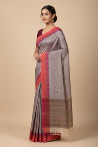 Vanarambhā – Beige Vanasingaram Handloom Kanchi Cotton Saree with Reddish Pink Border