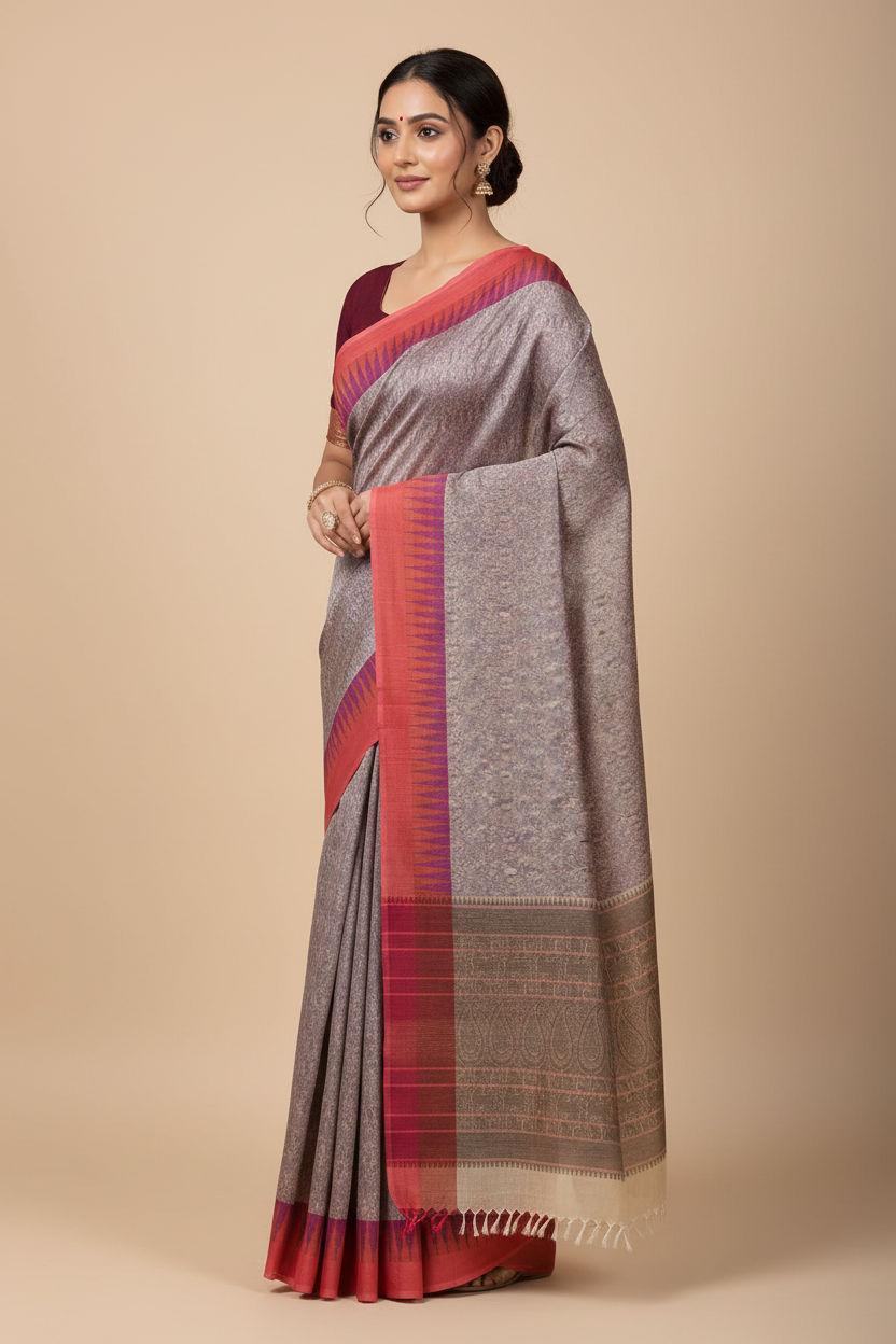 Vanarambhā – Beige Vanasingaram Handloom Kanchi Cotton Saree with Reddish Pink Border