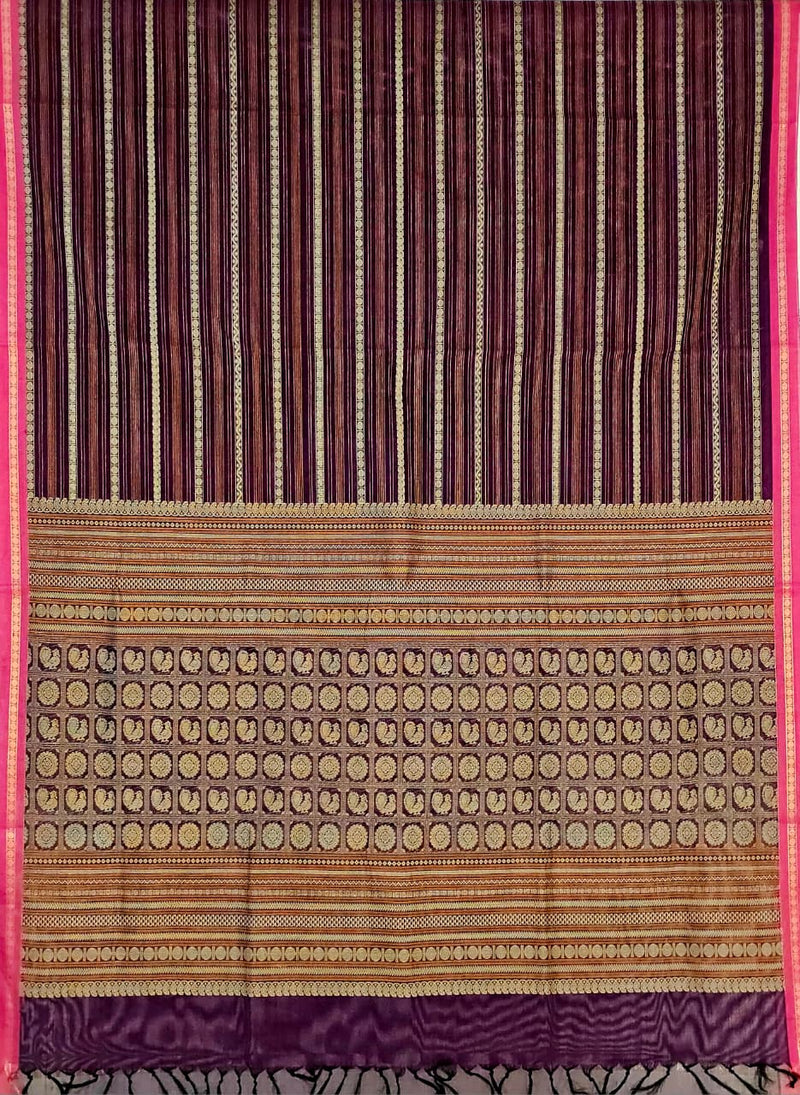 Vainika – Purple Handloom Kanchi Cotton Saree with Horizontal stripes