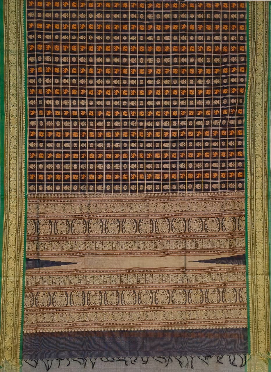 Vaidehi – Black Aayiram Butta Handloom Kanchi Cotton Saree with Green Border