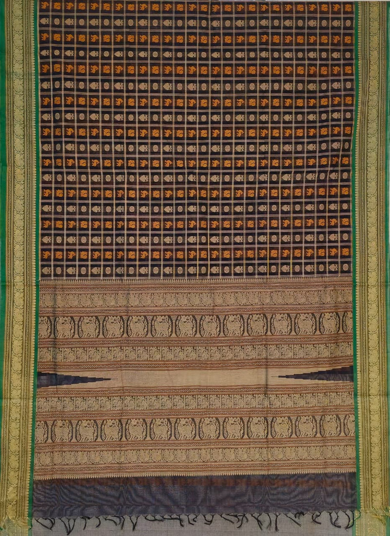 Vaidehi – Black Aayiram Butta Handloom Kanchi Cotton Saree with Green Border