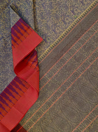 Vanarambhā – Beige Vanasingaram Handloom Kanchi Cotton Saree with Reddish Pink Border