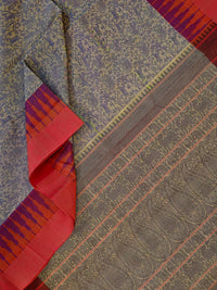 Vanarambhā – Beige Vanasingaram Handloom Kanchi Cotton Saree with Reddish Pink Border