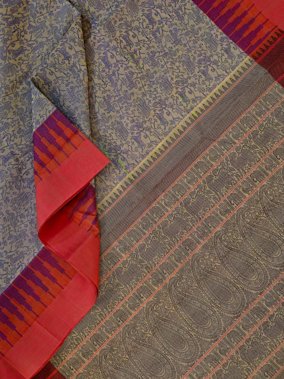 Vanarambhā – Beige Vanasingaram Handloom Kanchi Cotton Saree with Reddish Pink Border