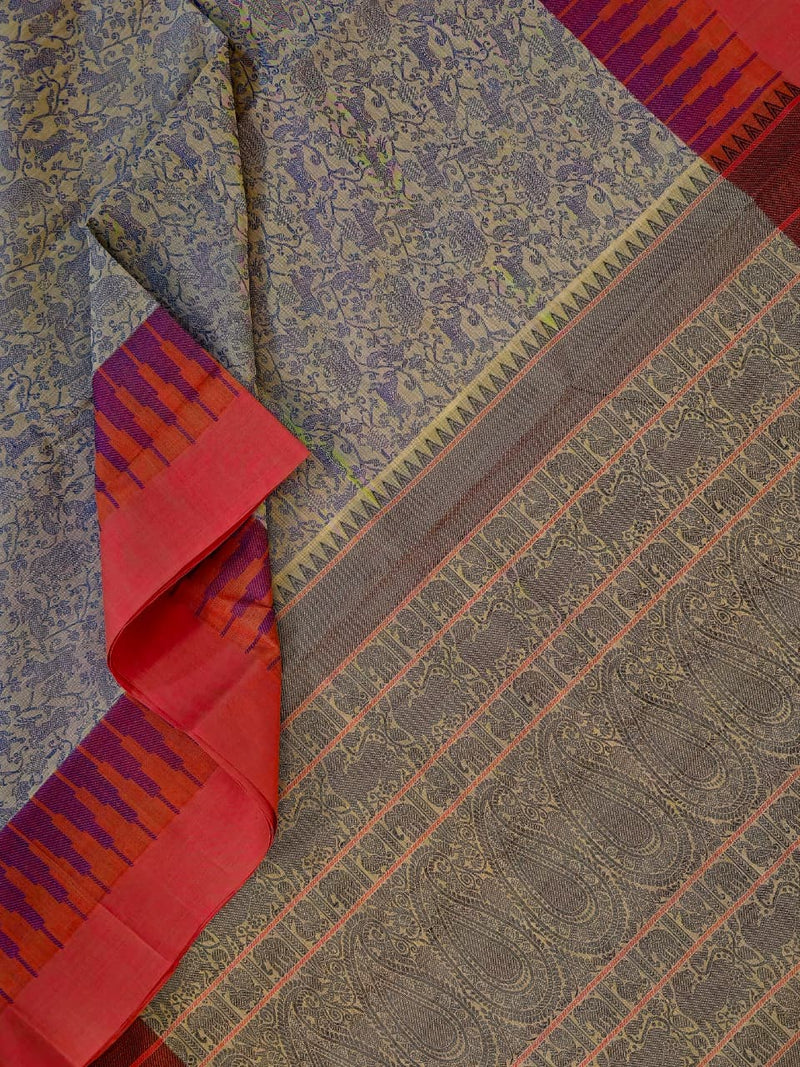Vanarambhā – Beige Vanasingaram Handloom Kanchi Cotton Saree with Reddish Pink Border