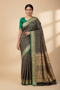 Vaidehi – Black Aayiram Butta Handloom Kanchi Cotton Saree with Green Border