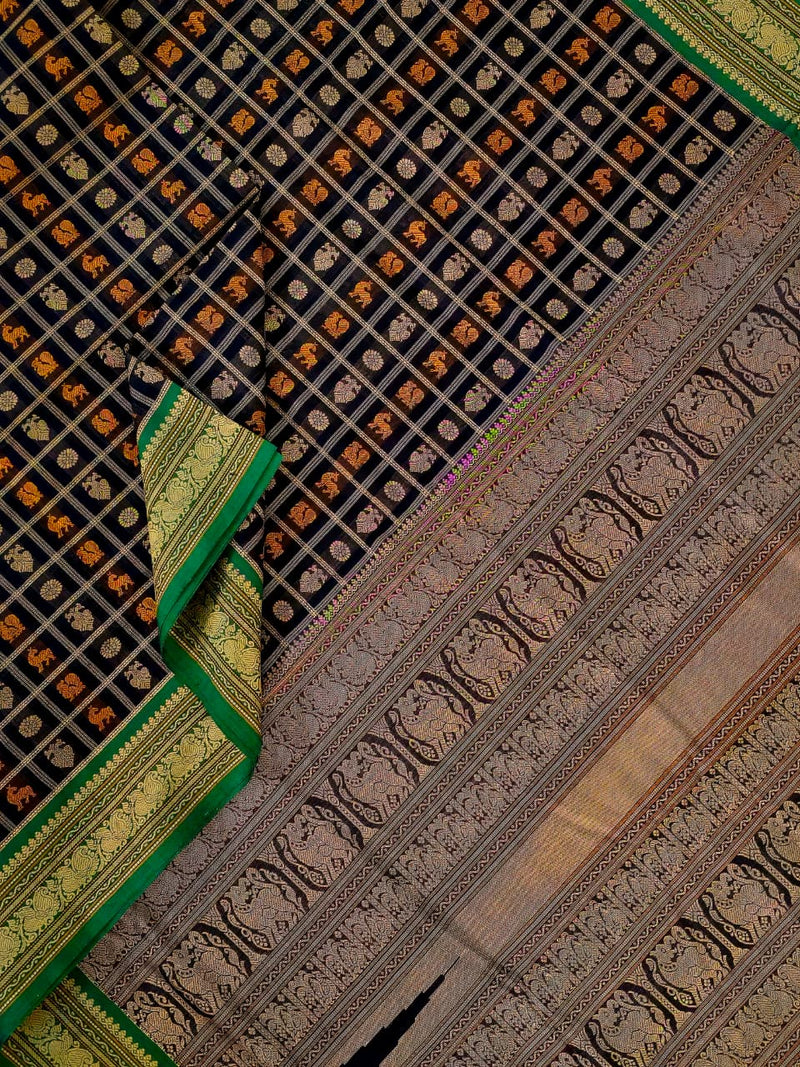 Vaidehi – Black Aayiram Butta Handloom Kanchi Cotton Saree with Green Border