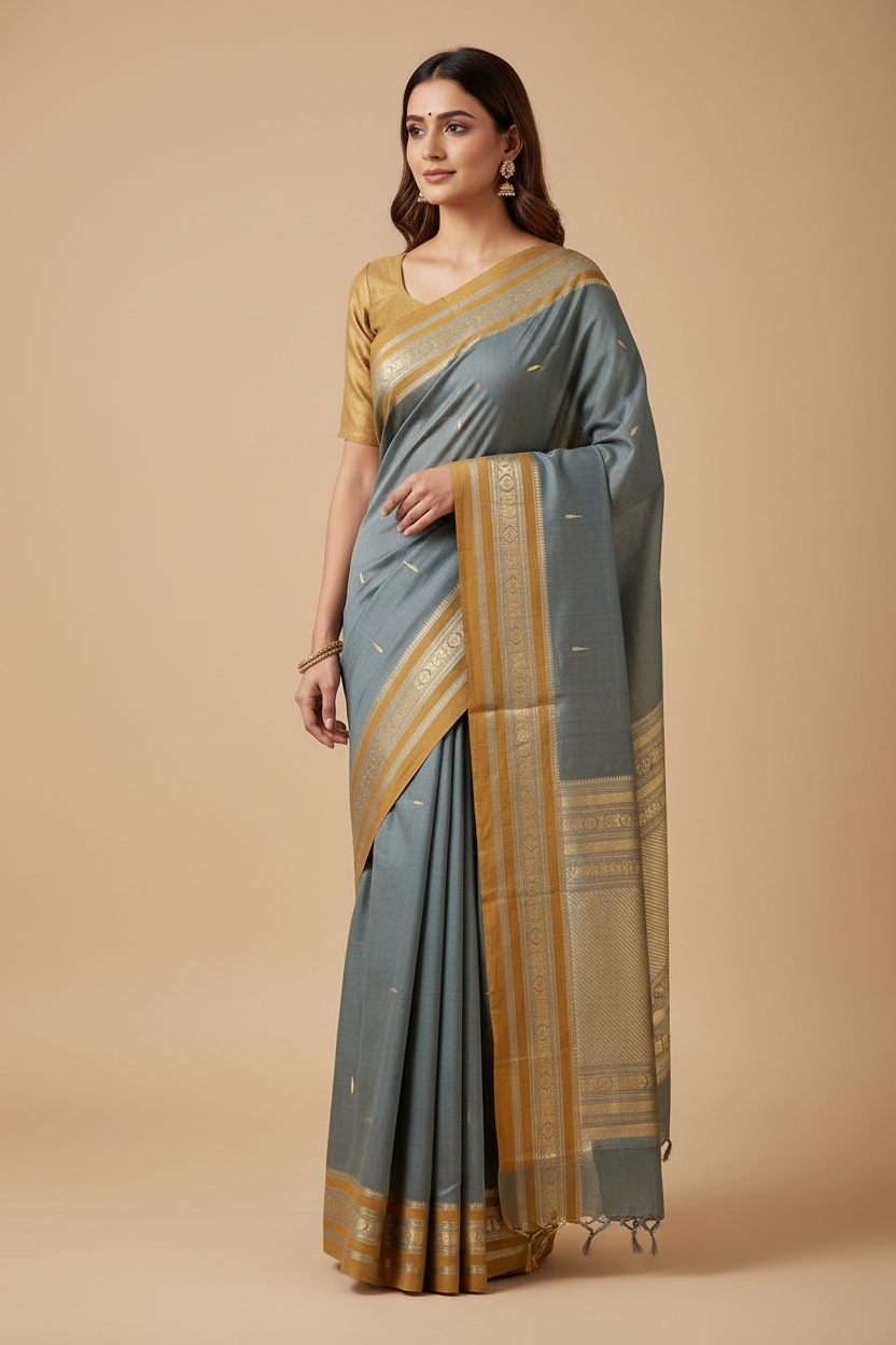 Malligai – Grey Handloom Kanchi Cotton Saree with Jasmine Bud Motifs and Ochre Yellow Zari Border