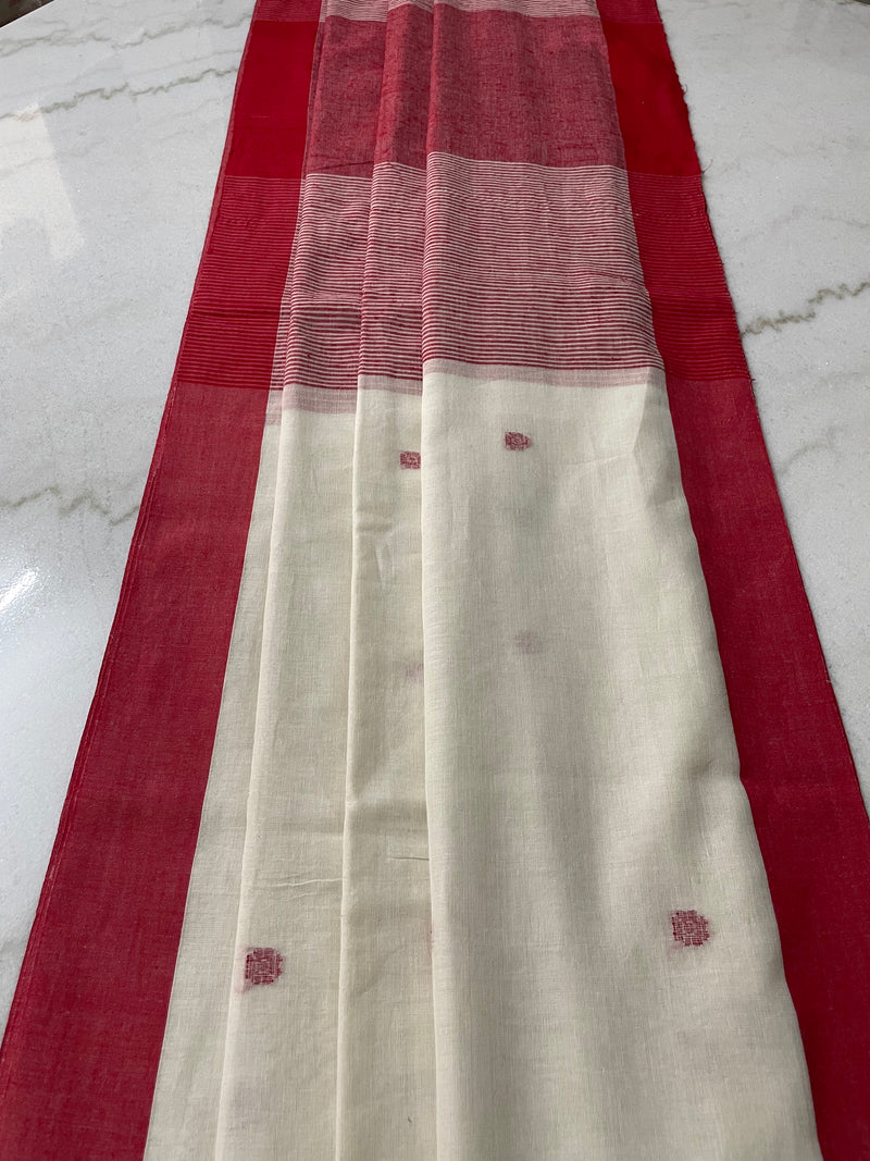 Off White Khadi Saree with Red motifs & Border