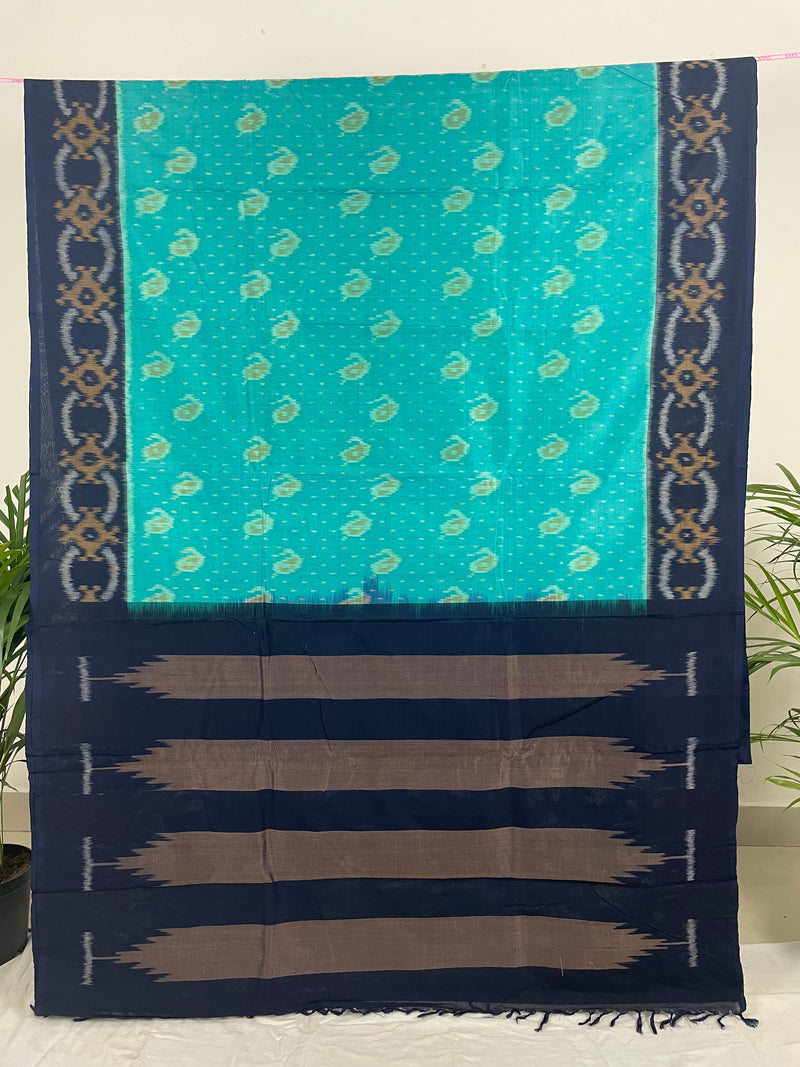 Dark Sea Blue Ikkat Cotton Saree with Navy Blue Border