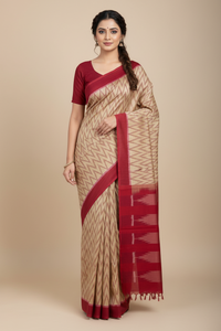 Biscuit Beige Ikkat Cotton Saree with Red Border