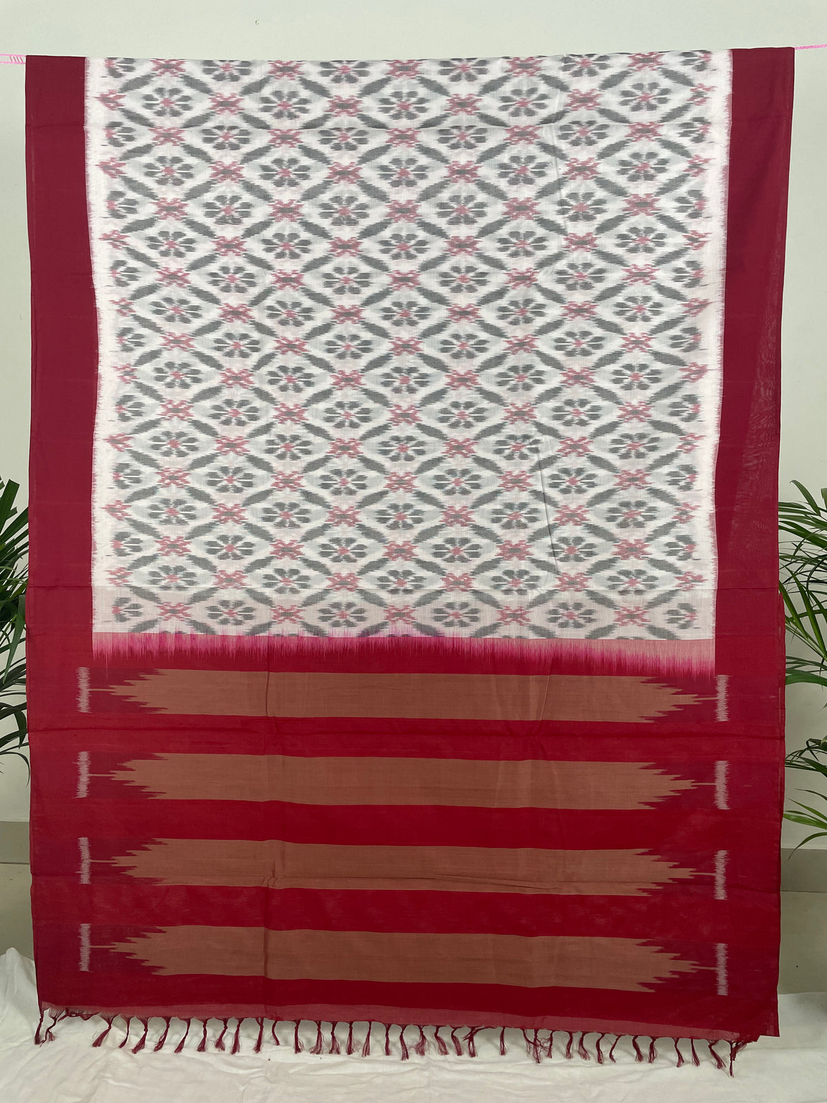 White Ikkat Cotton Saree with Red Border