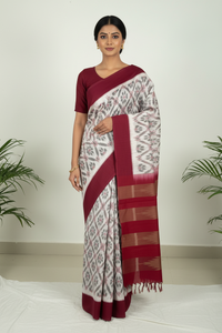 Ira - White Ikkat Cotton Saree with Red Border