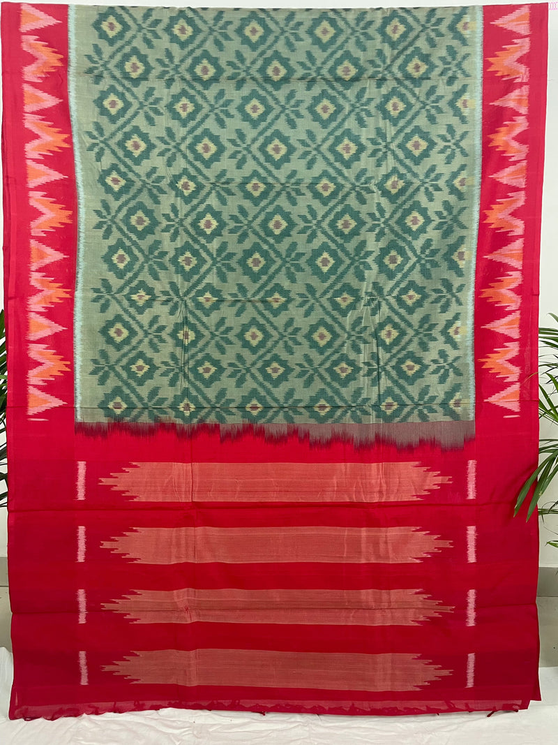 Dark Sea Green Handloom Ikkat Cotton Saree with Red Border