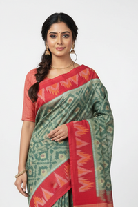 Moss Green Ikkat Cotton Saree with Red Border