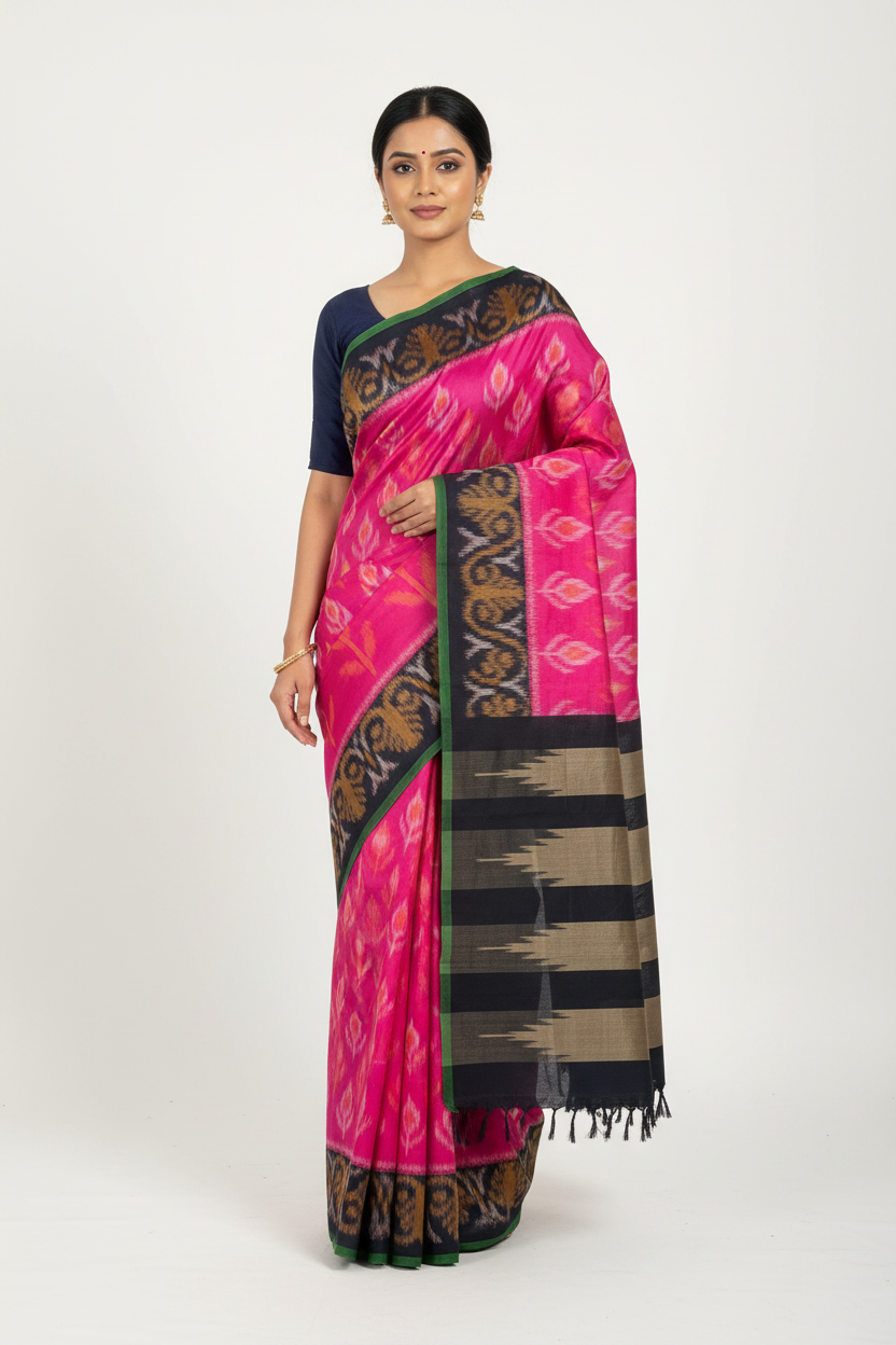 Magenta Pink Ikkat Cotton Saree with Black Border