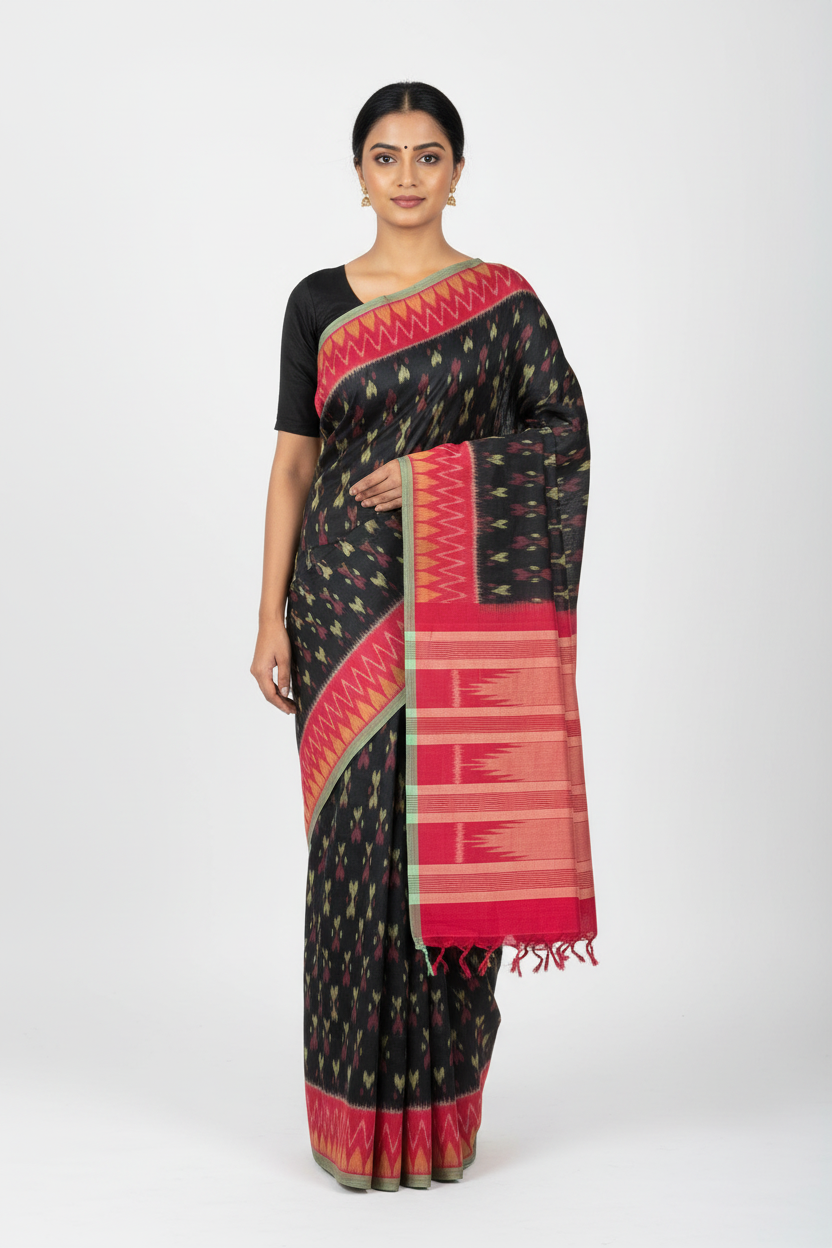 Sarvani - Black Ikkat Cotton Saree with Red Border