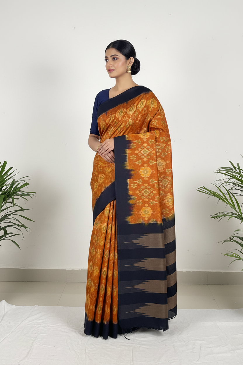 Ochre Yellow Ikkat Cotton Saree with Black Border