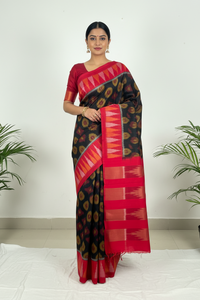 Sarvani - Black Ikkat Cotton Saree with Red Border
