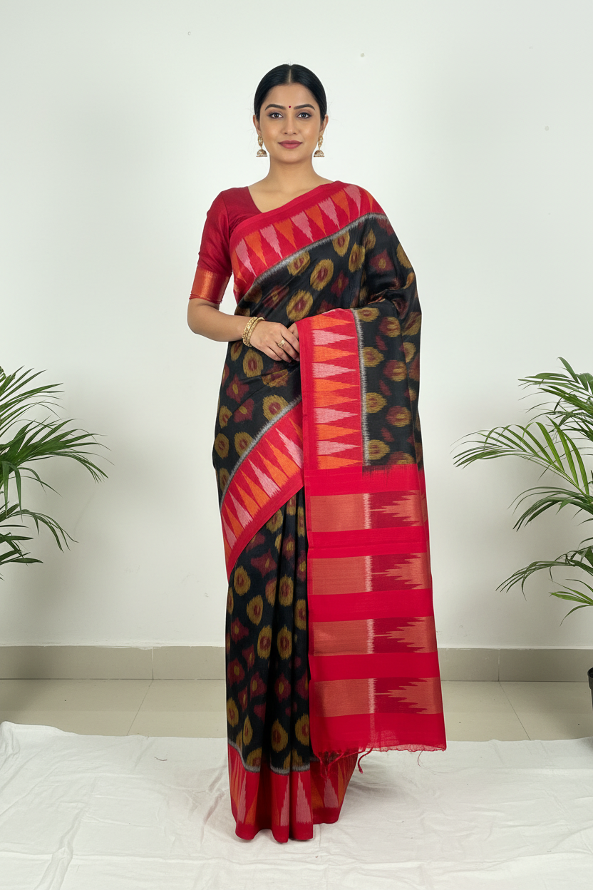 Sarvani - Black Ikkat Cotton Saree with Red Border