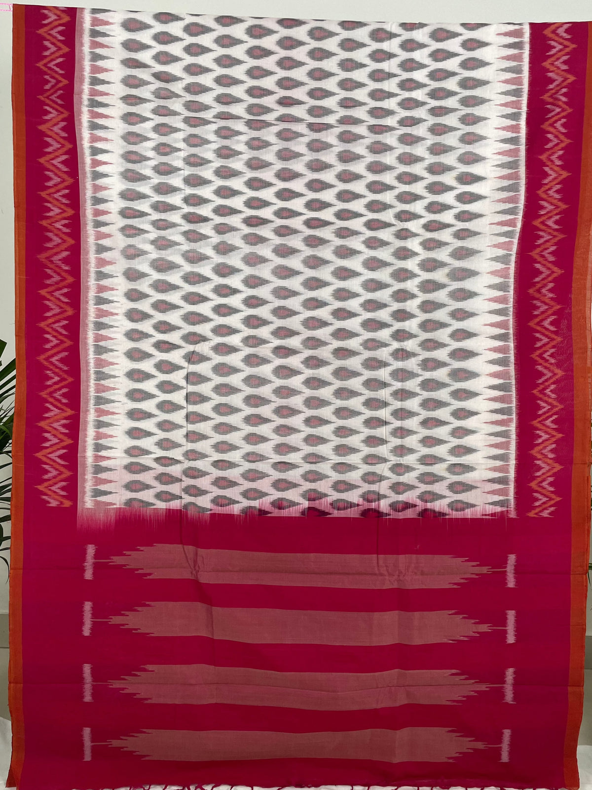 White Handloom Ikkat Cotton Saree with Magenta Pink Border