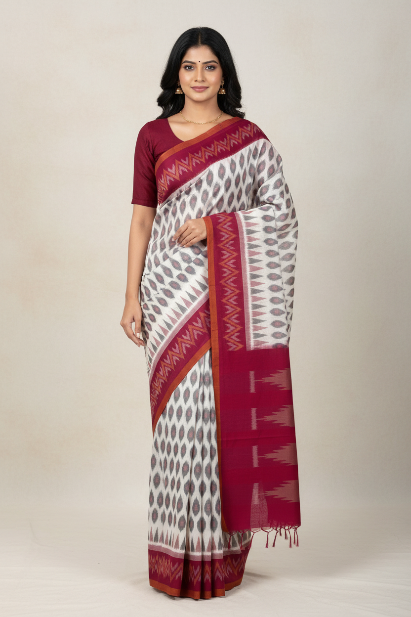Ira - White Ikkat Cotton Saree with Magenta Pink Border \
