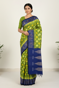 Pear Green Ikkat Cotton Saree with Royal Blue Border