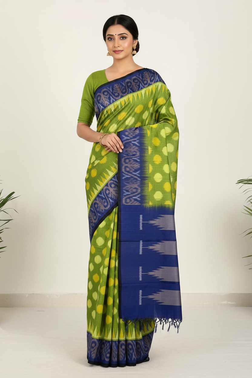 Pear Green Ikkat Cotton Saree with Royal Blue Border