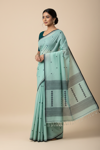 Sea Green Handloom Khadi Saree with Navy Blue Motifs