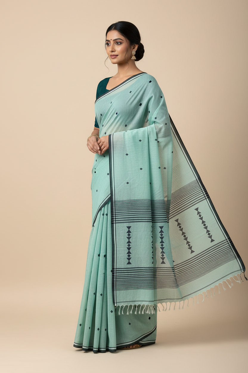 Sea Green Handloom Khadi Saree with Navy Blue Motifs