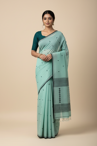 Sea Green Handloom Khadi Saree with Navy Blue Motifs