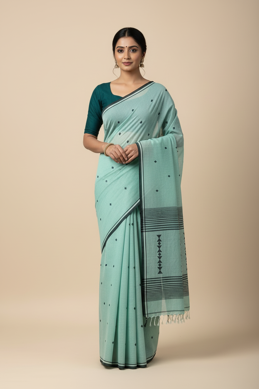 Sea Green Handloom Khadi Saree with Navy Blue Motifs
