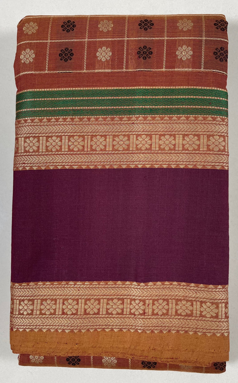Brown 1000 Butta (Aayiram Putta) Handloom Kanchi Cotton Saree with floral motifs
