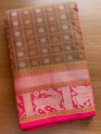 Light Green and Pink Dual Tone Handloom Aayiram Butta Kanchi Cotton Saree