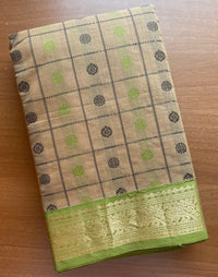 Wheatish Beige Thousand Butta Handloom Kanchi Cotton Saree with Green Border