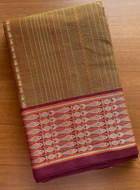 Light Green and Maroon Dual Tone Handloom Kanchi Cotton Saree with Stripes & Fish Border